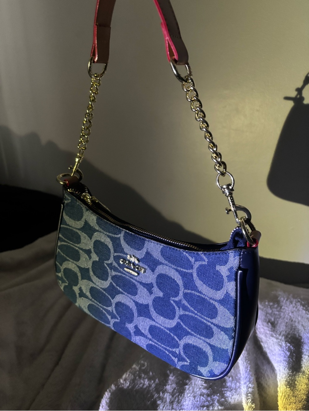 Coach Blue Signature Canvas Shoulder Bag with Chain Strap